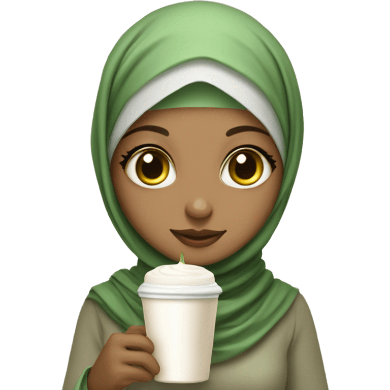 cute hijabi girl with big eyes and with matcha latte in her hands emoji