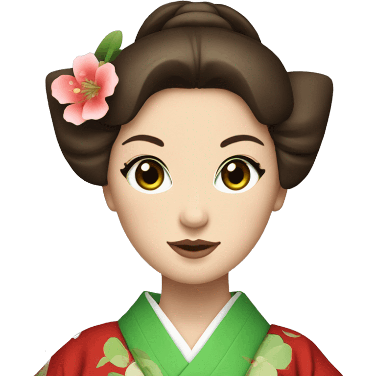 Geisha with green eyes and brown hair. Red kimono  emoji