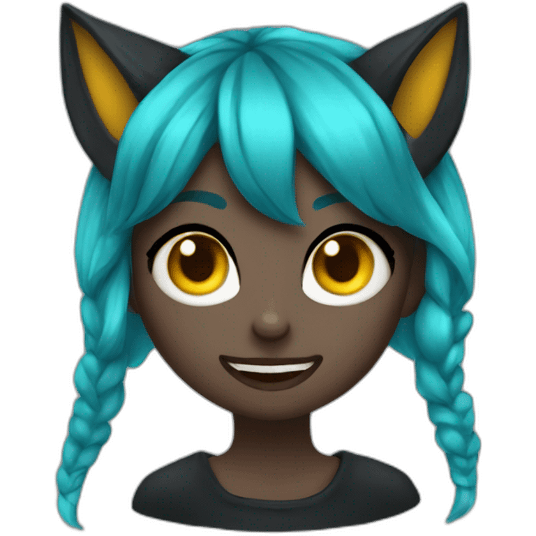 A girl with a funny face, blue cyan hair, black wolf ear, black demon little horns, yellow cat eyes emoji