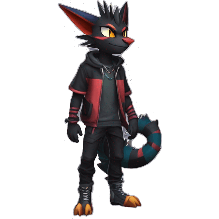 Cool Anthro Black Noivern-Nargacuga-Litten-Pokémon with edgy stripes hoodie spiked collar punk Full Body emoji