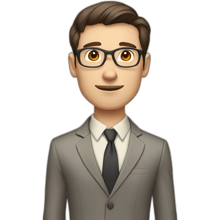 Pale skinned fit man with dark brown hair in gray jacket, beige office shirt, brown tie, brown pants and vintage glasses Writing on the marker board emoji