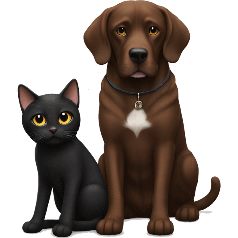 Black cat sitting next to big brown dog  emoji