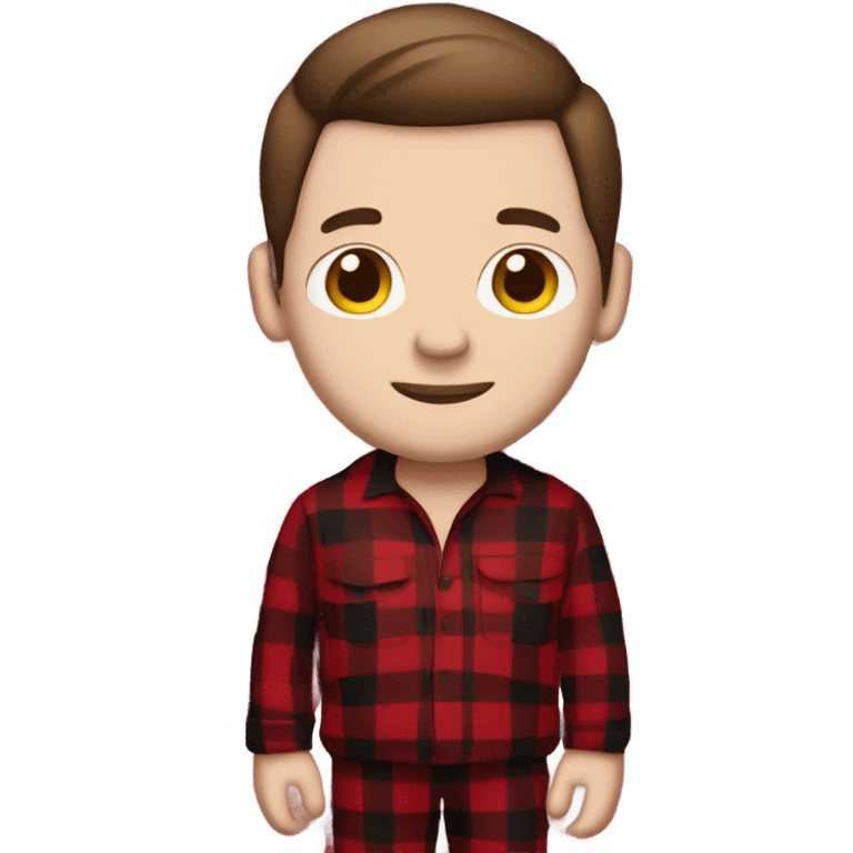 Man with straight brown hair and brown eyes wearing red and black buffalo plaid pjs. White skin. Full body. emoji