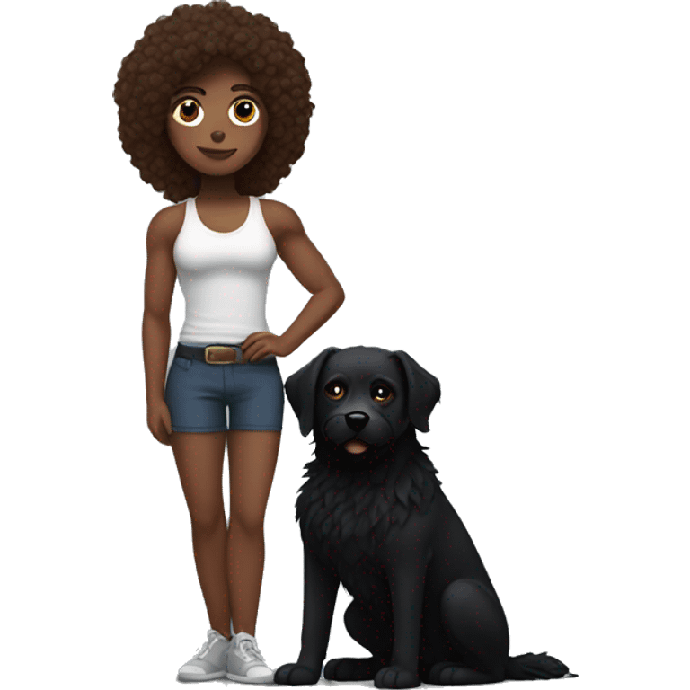 Long brown haired muscular woman holding fluffy black dog emoji