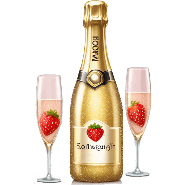 Realistic sparkling diamond glam bottle of champagne with matching skinny glass filled with the champagne with strawberry in the bottle of glass. emoji