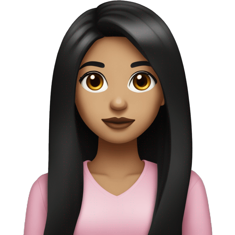 girl She has dark brown eyes, long black hair, straight and styled. She has an olive skin tone and wears black clothing, which contrasts with her fair complexion. pink lips emoji