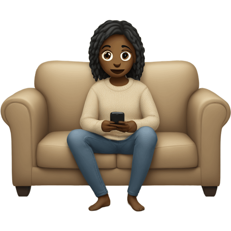 Girl in beige sweater is sitting on the couch in her phone  emoji