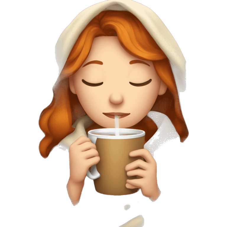 girl with Ginger hair inside a blanket sipping coffee eyes closed emoji