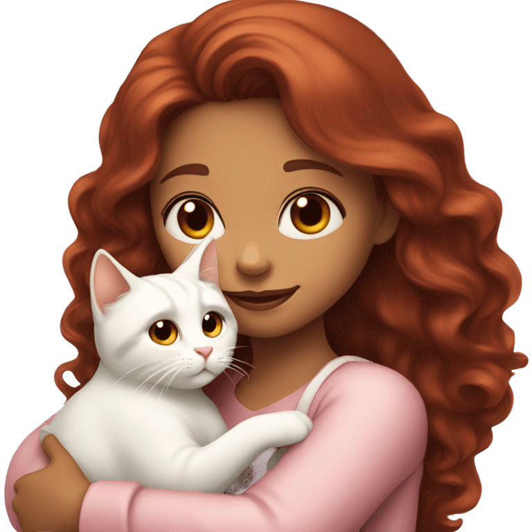 girl with long very dark red wavy hair and dark brown eyes and light pink outfit hugging a white & ginger cat  emoji