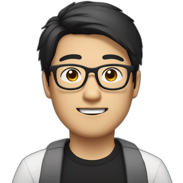 Heavy Asian Man with black neck length hair who wears spectacle with a black and white cat emoji