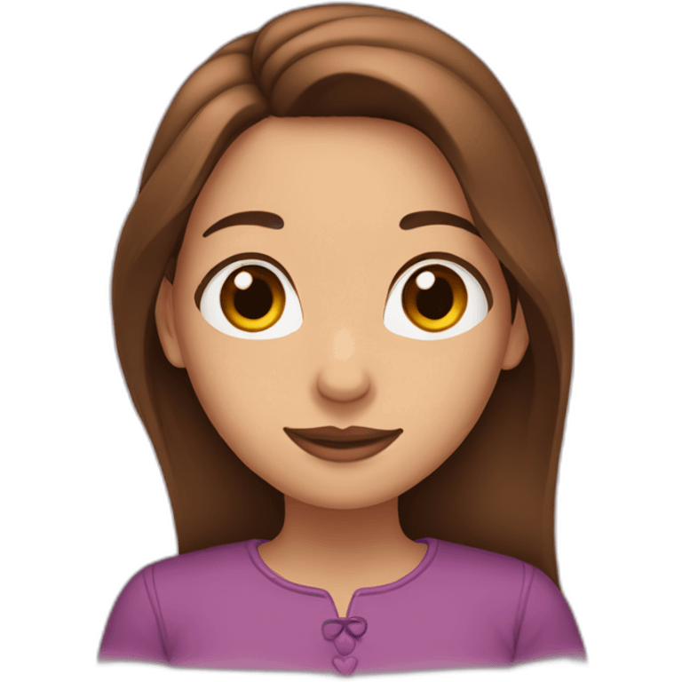 brown-haired woman with long hair, brown eyes, depicting a heart with her hands emoji