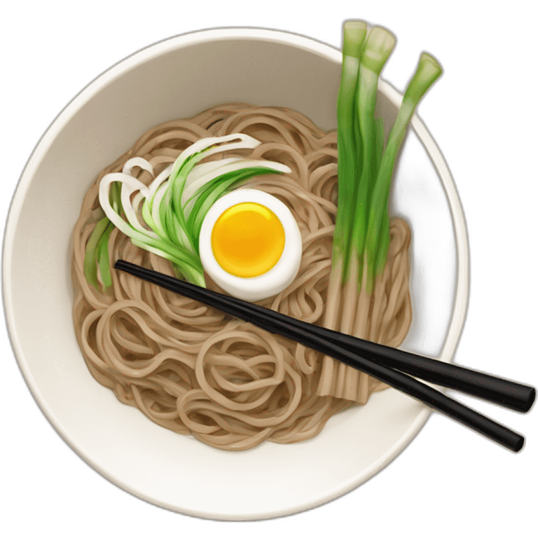 bowl of japanese buckwheat soba noodles with two chopsticks and spring onions emoji