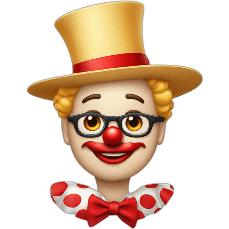 un clown avec nez rouge, sourcil arqués juste qu’en bas de ces yeux ovales des boucles blondes et un haut chapeau  emoji