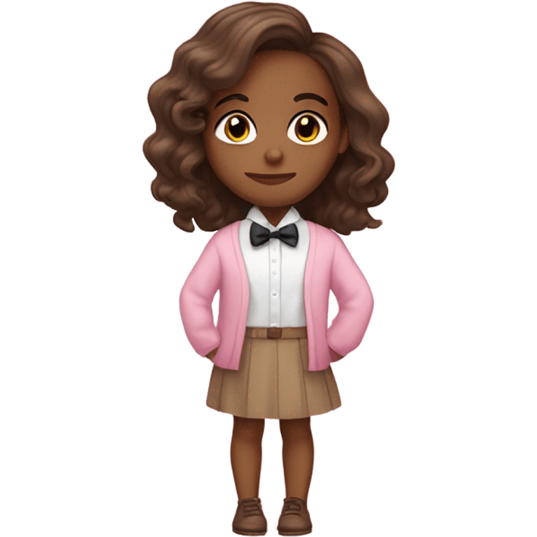 Brown skin girl with shoulder length hair wearing a bow tie and a cute pink sweater with a white dress shirt underneath  emoji