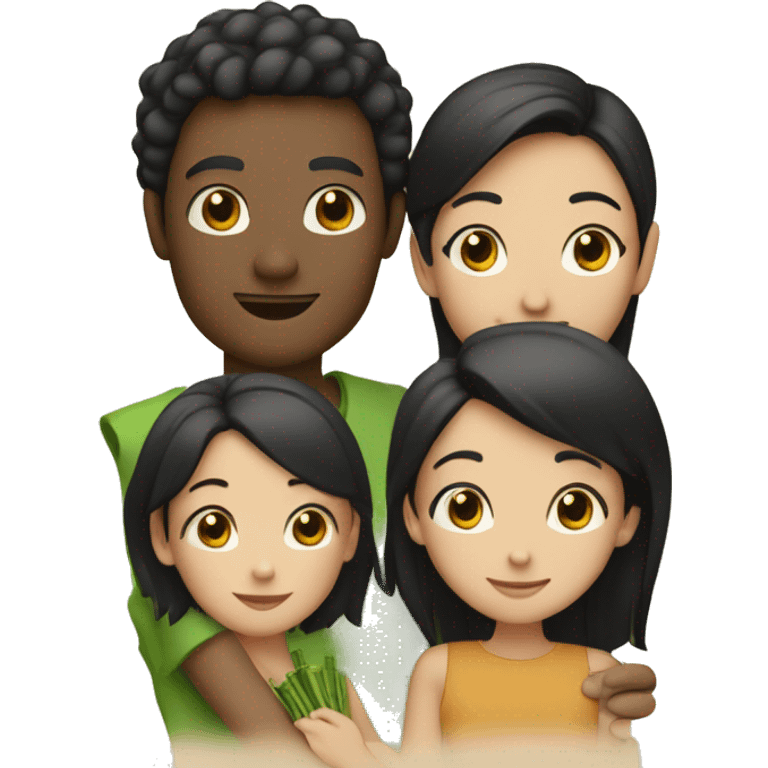 With white skin and black hair and happy face, three people: mom, dad, daughter holding bamboo emoji