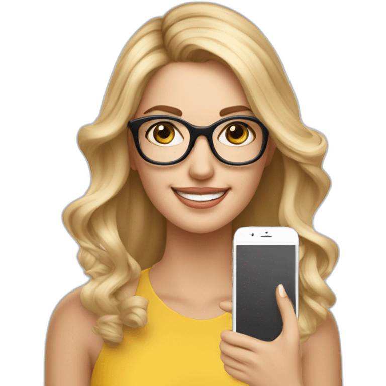 Blonde Frau Schulterlange Balayage mit Strähnchen mit Brille und smartphone in der Hand emoji