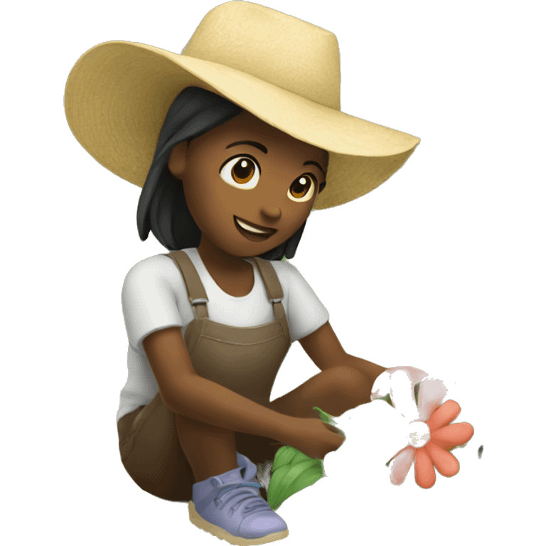 A girl plants flowers in the village emoji