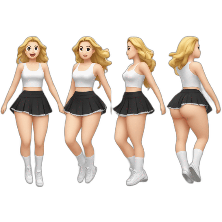 full-body-caucasian-curvy-beauty-jumping-short-black-skirt-back-and-front-views-strong-wind-white-knickers-long-white-socks emoji