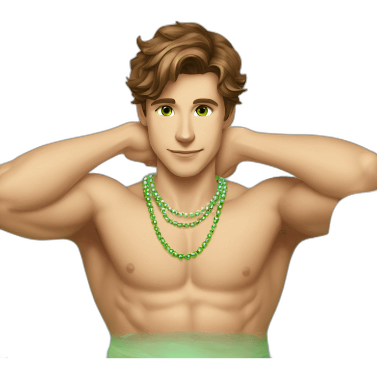 Posh-muscle-boy-brown-hair-green-eyes-pearl-necklace-in-golden-bathtub emoji