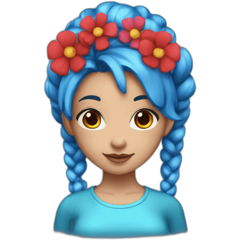 girl with blue hair, blue eyes and two pigtails. she’s wearing a mink shirt with flowers and had red round small earrings emoji