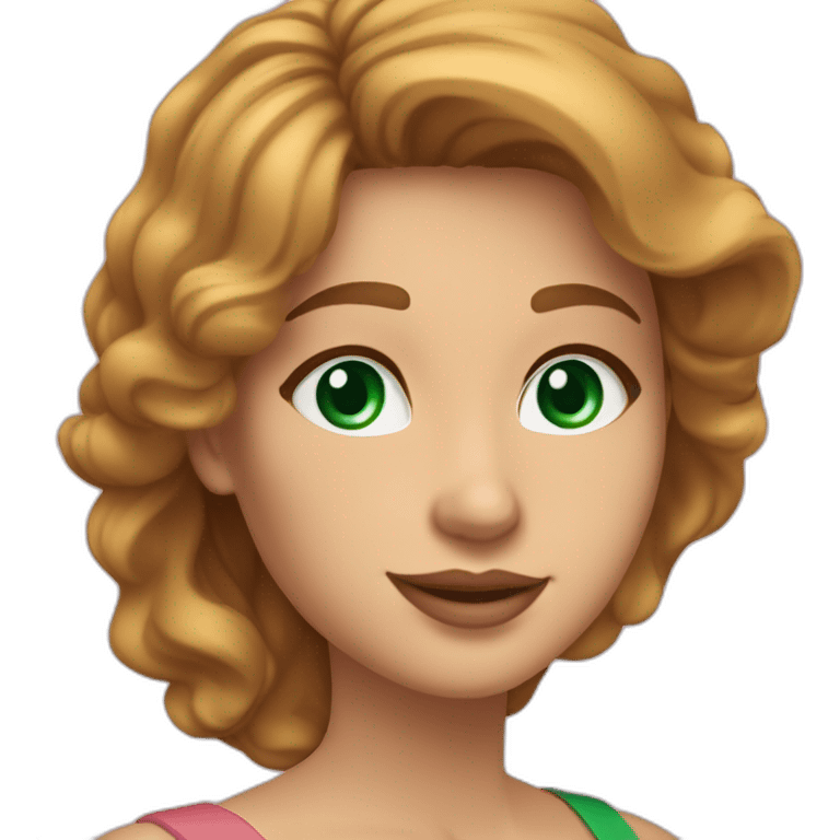 Long golden-brown hair bright-emerald-green eyes medium-full dusty-pink lips oval face slightly arched eyebrows woman, slightly smiling close-lipped emoji