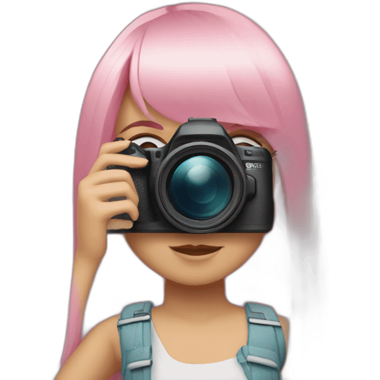 eurasian girl with long, straight pink hair and fringe holding camera emoji