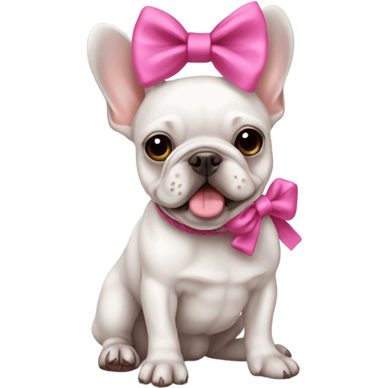 white small frenchie with a big rope with a pink bow emoji