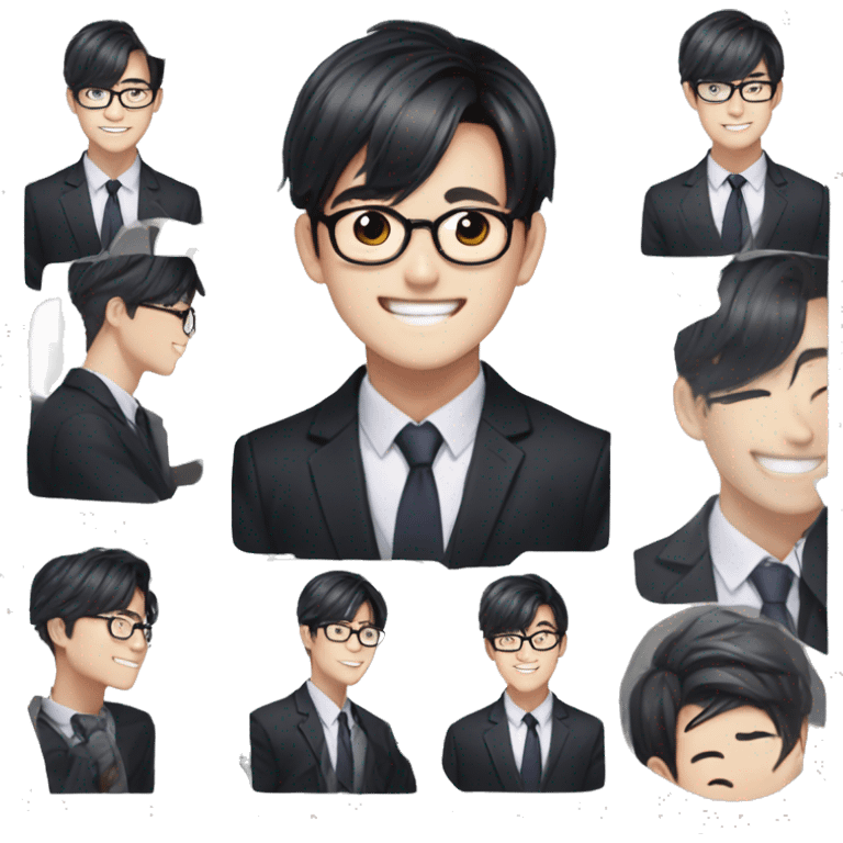 mingyu seventeen kpop asian man black medium length bang hair smiling wearing a suit without a shirt with prescription glasses on emoji