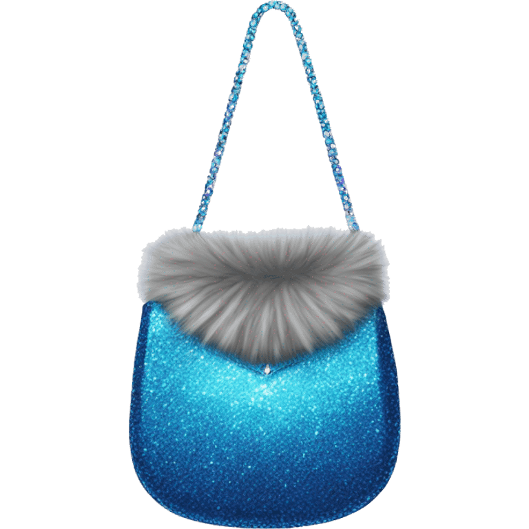 Realistic blue Sparkle glitter and fur purse. emoji