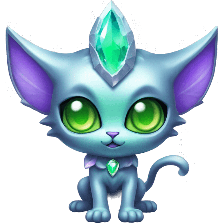 Shiny, Sparkly, Dark-type-Fairy-Type-Psychic-Ice-type-Fakémon-Alien-Cat Blind Purple eyes, green gem, full body emoji