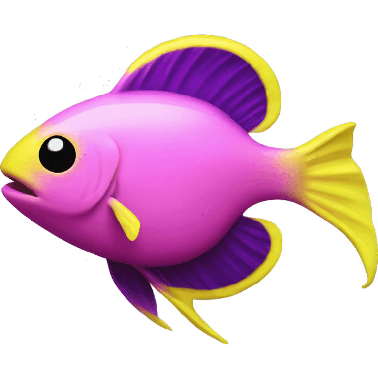 tiny fish with purpleish pink front face and half front of body, neon yellow back half and black dot on top fin emoji