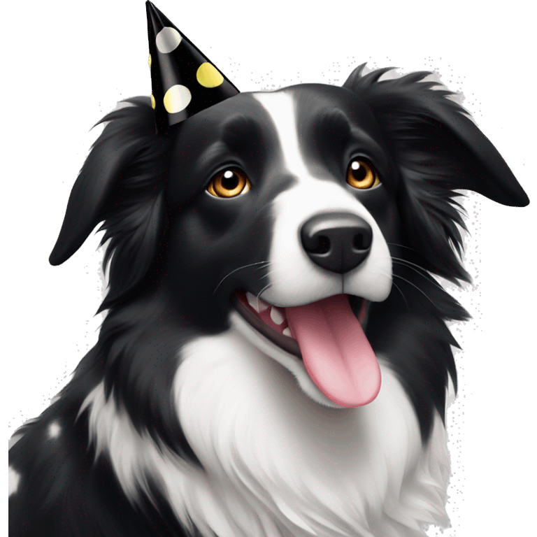 A black and white Border Collie with black spots wearing a party hat.   emoji