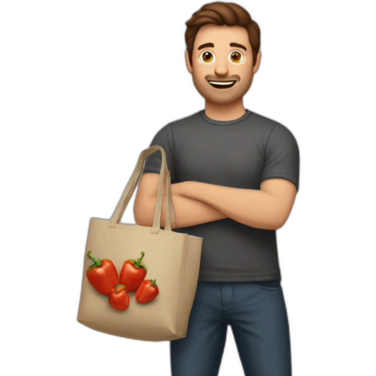 Man with brown hair holding up a bag of paprikas with one hand emoji