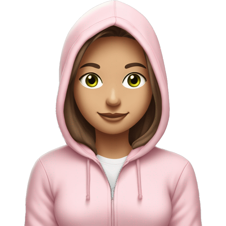 a girl with brown long hair, fair skin, green eyes, works relaxed and smiling at a modern laptop in a monochrome pale pink zip hoodie with a hood and a pink monochrome T-shirt emoji