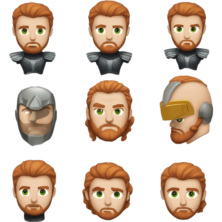 Serious man with short red hair, well-defined trimmed beard, sharp gray-green eyes, wearing Thor's iconic winged helmet. emoji