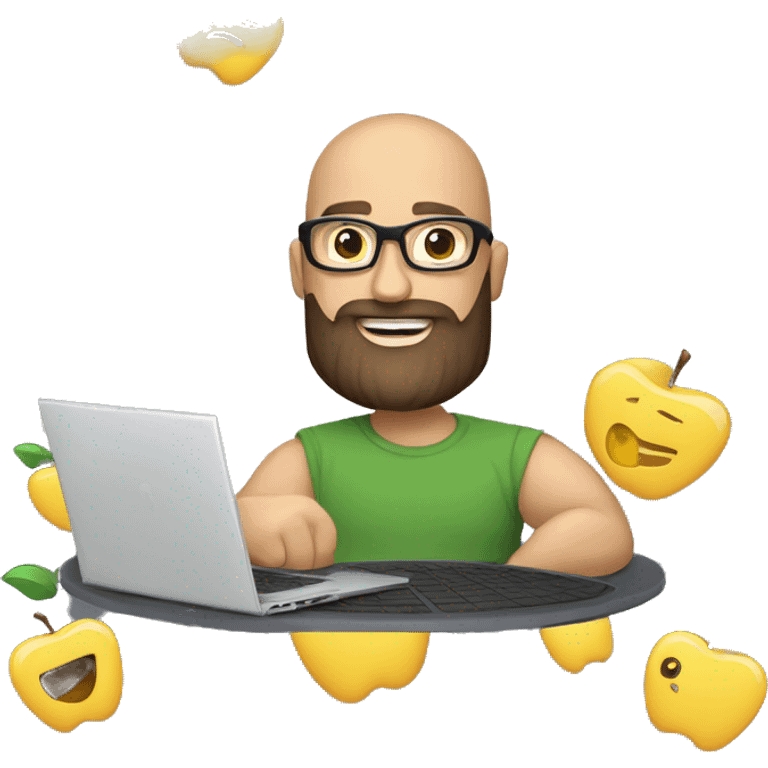 memojy of a man, with the laptop in front, apple style, modern, a well-trimmed beard, bald hair, Marvel t-shirt, computer in hand --ar 1:1 emoji