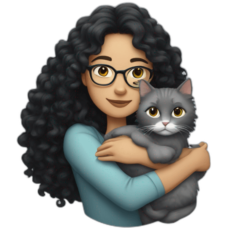 Curly woman with long black hair and glasses, hugging a gray cat emoji