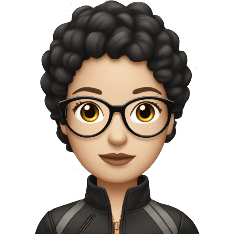 a white - skinned girl wearing round rosegold glasses, layer blackhair ride a race car and be stylish emoji