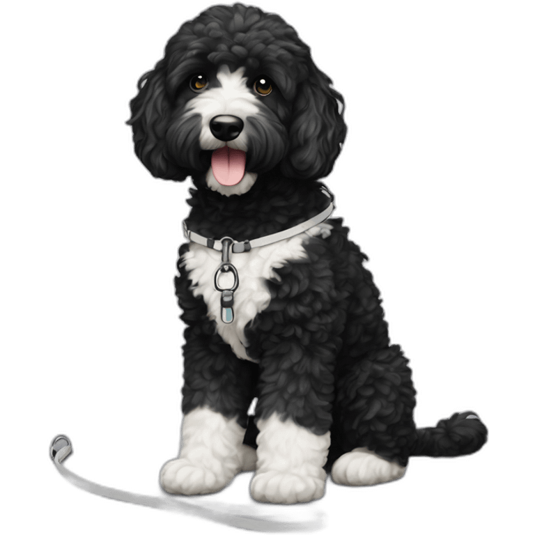 black and white ausssiedoodle on a leash emoji