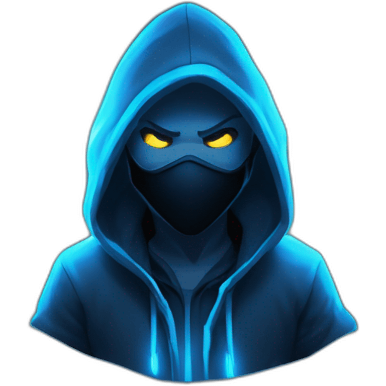 developer behind his laptop with the style of Riot Games Valorant neon blue eyes glowing bright blue character blue black hooded assassin themed character emoji