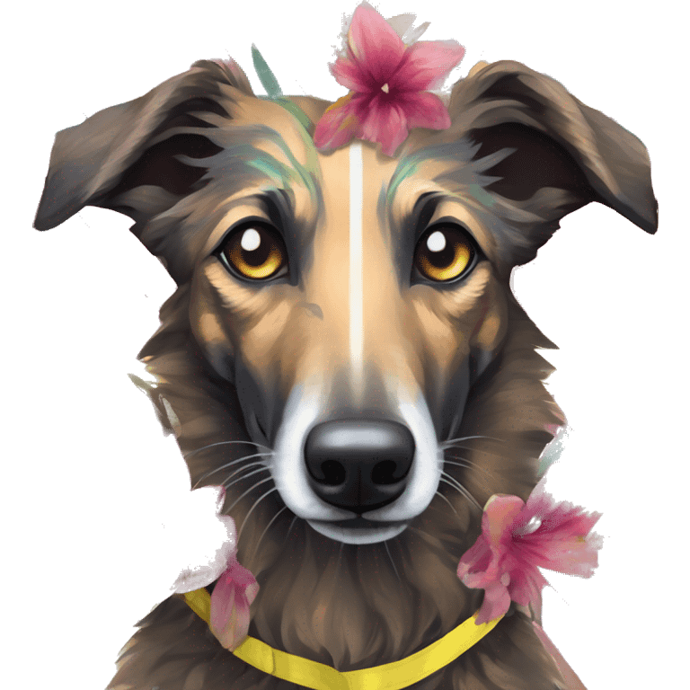  brindle brown black maroon striped lurcher Alsatian fox running blue eyes and iridescent holographic oilslick harness wearing paper iridescent tropical flower crown yellow caution tape emoji