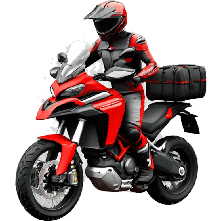 Moto todoterreno Ducati multistrada enduro roja y negra con bolsas laterales y manchas de barro en el depósito y las ruedas. Piloto con casco gris sin barba. emoji