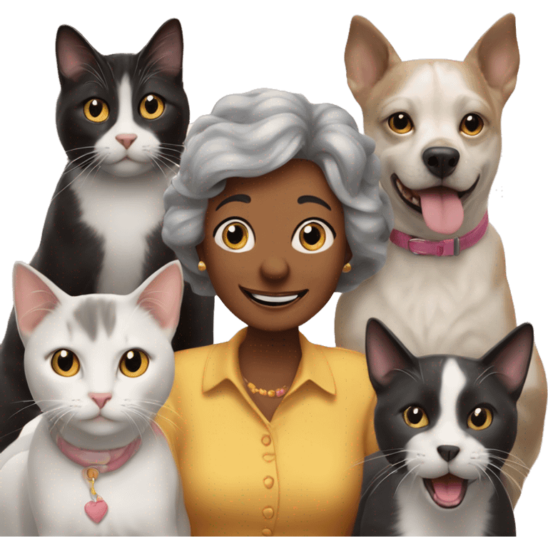 Five cats one dog and an older lady saying happy birthday emoji