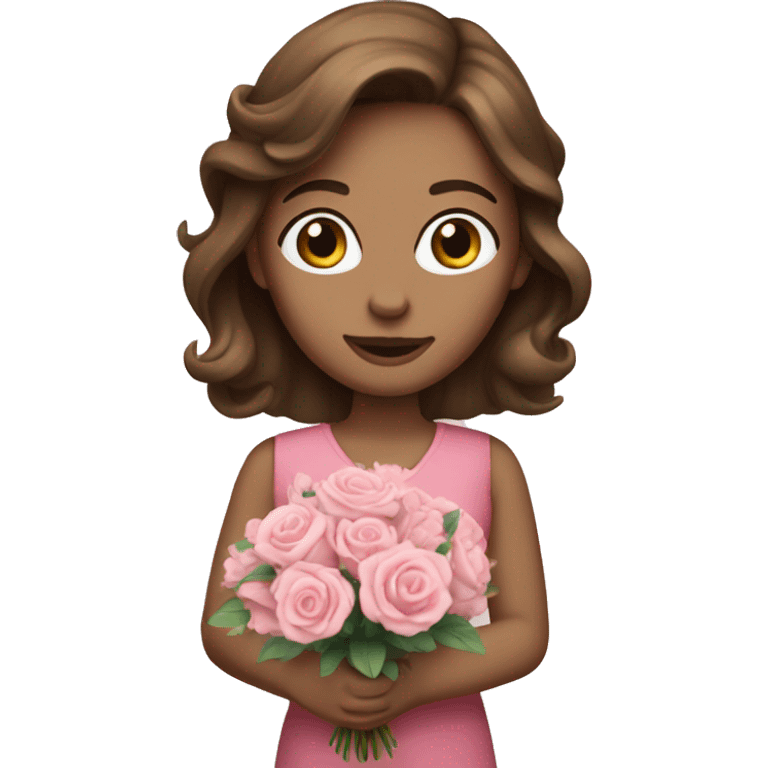 woman with blue eyes brown hair and pink bouquet in the hand emoji