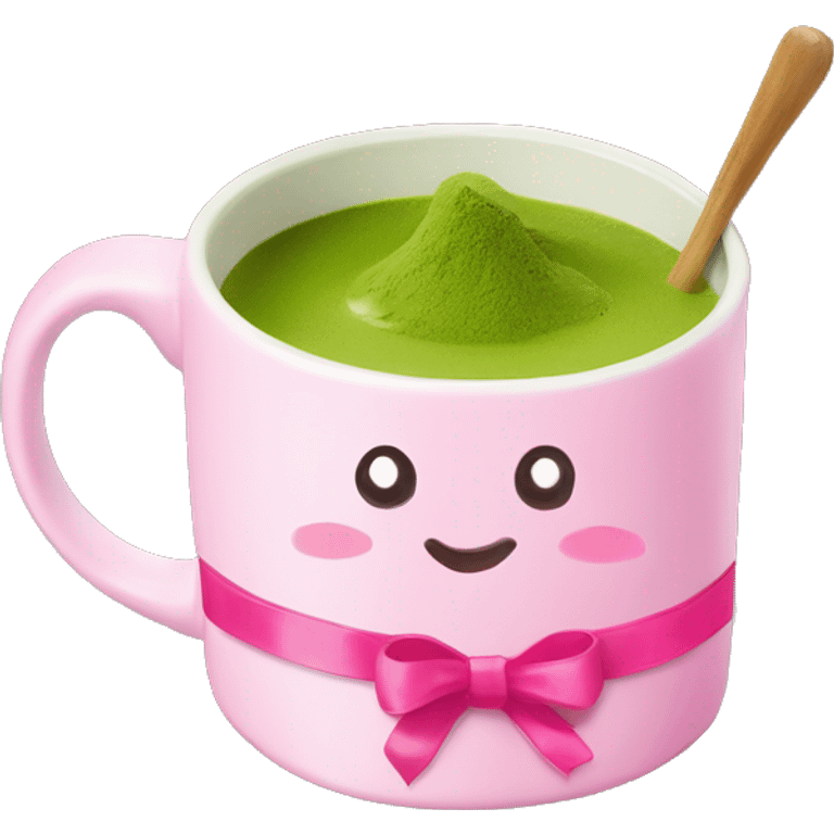 Matcha in a mug decorated with painted pink ribbons coquette emoji