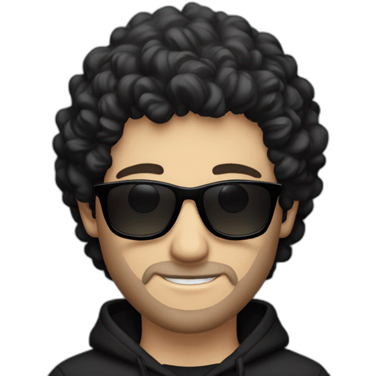 Caucasian man, no smile, with black curly hair and slight beard wearing black hoodie and black sunglasses  emoji