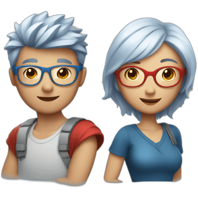 a boy with silver hair and a curvy girl with red hair and blue glasses hugging emoji