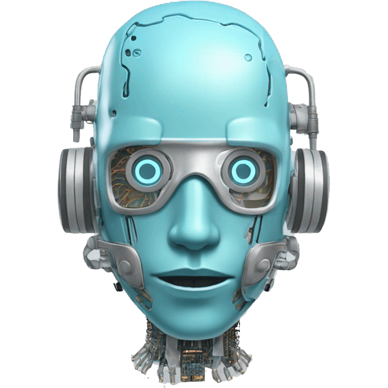 Pastel blue haired cyborg head with silver respirator mask and circuits emoji