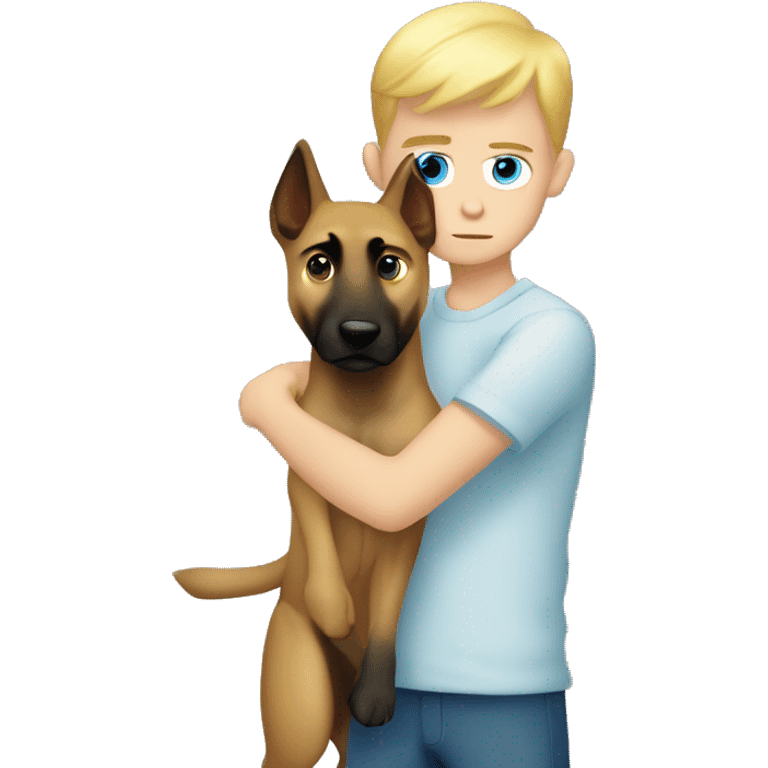 blond boy with blue eyes who hugs his Malinois tightly because he is afraid  emoji