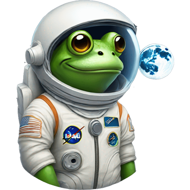 Frog wearing astronaut suit holding the moon emoji